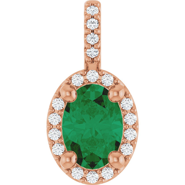 14K Gold Oval Lab-Grown Emerald & Natural Diamond Halo-Style Pendant - Rose Gold