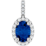 14K Gold Oval Lab-Grown Blue Sapphire & Natural Diamond Halo-Style Pendant – 5x3mm - White Gold