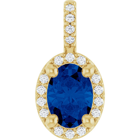 14K Gold Oval Lab-Grown Blue Sapphire & Natural Diamond Halo-Style Pendant – 5x3mm - Yellow Gold