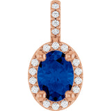 14K Gold Oval Lab-Grown Blue Sapphire & Natural Diamond Halo-Style Pendant – 5x3mm - Rose Gold