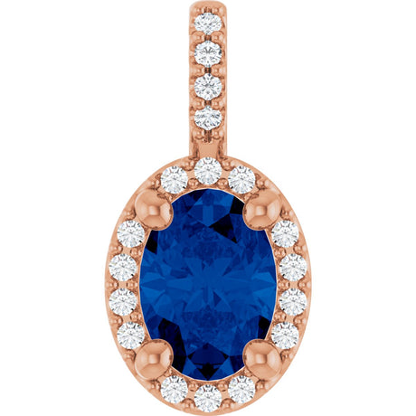 14K Gold Oval Lab-Grown Blue Sapphire & Natural Diamond Halo-Style Pendant – 5x3mm - Rose Gold