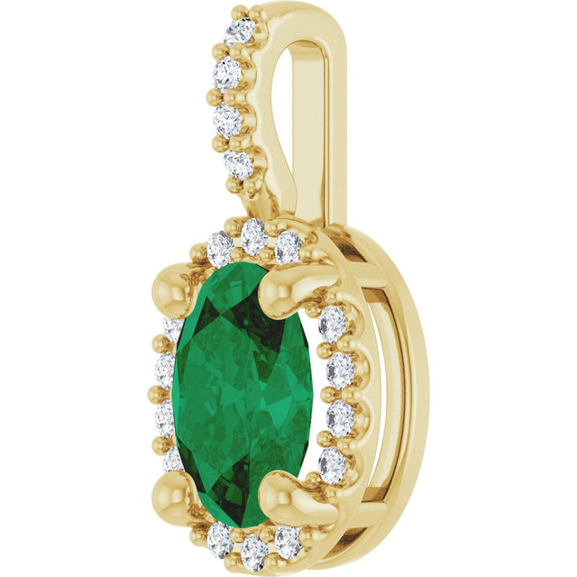 14K Gold Oval Lab-Grown Emerald & Natural Diamond Halo-Style Pendant - Yellow Gold - view 2