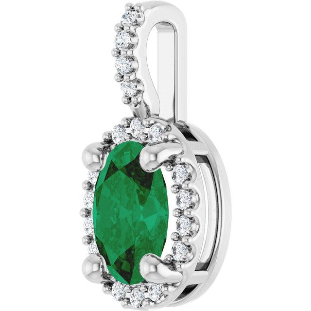 Platinum Oval Lab-Grown Emerald & Natural Diamond Halo-Style Pendant - view 2