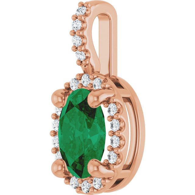 14K Gold Oval Lab-Grown Emerald & Natural Diamond Halo-Style Pendant - Rose Gold - view 2