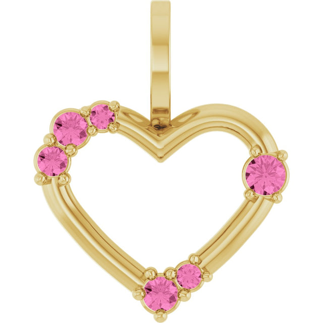 14K Gold Round Natural Pink Sapphire Accented Heart Pendant - Yellow Gold
