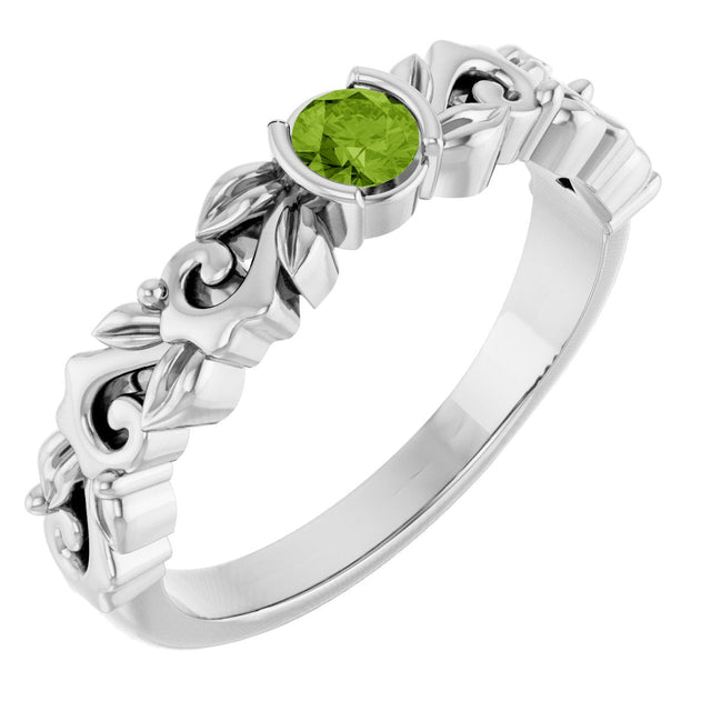 Platinum Round Natural Peridot Half Bezel Floral Ring - view 5