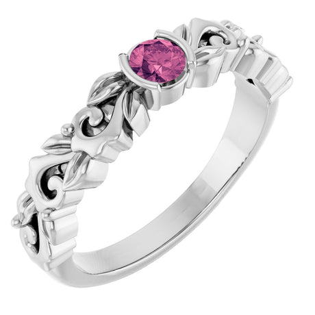 Platinum Round Natural Pink Tourmaline Half Bezel Floral Ring