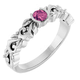 14K Gold Round Natural Pink Tourmaline Half Bezel Floral Ring - White Gold