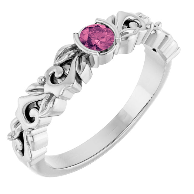 14K Gold Round Natural Pink Tourmaline Half Bezel Floral Ring - White Gold
