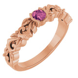 14K Gold Round Natural Pink Tourmaline Half Bezel Floral Ring - Rose Gold