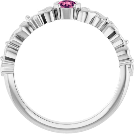 Platinum Round Natural Pink Tourmaline Half Bezel Floral Ring - view 2