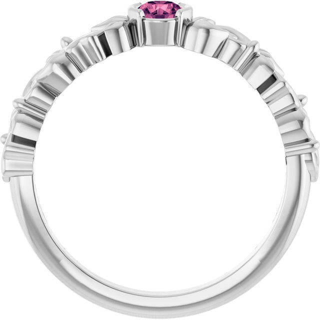Platinum Round Natural Pink Tourmaline Half Bezel Floral Ring - view 2