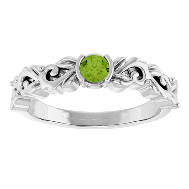 14K Gold Round Natural Peridot Half Bezel Floral Ring - White Gold - view 3