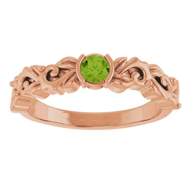 14K Gold Round Natural Peridot Half Bezel Floral Ring - Rose Gold - view 3