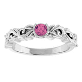 Platinum Round Natural Pink Tourmaline Half Bezel Floral Ring - view 3