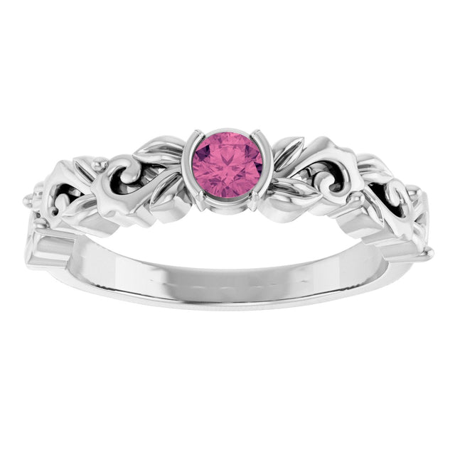 Platinum Round Natural Pink Tourmaline Half Bezel Floral Ring - view 3