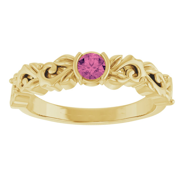 14K Gold Round Natural Pink Tourmaline Half Bezel Floral Ring - Yellow Gold - view 3