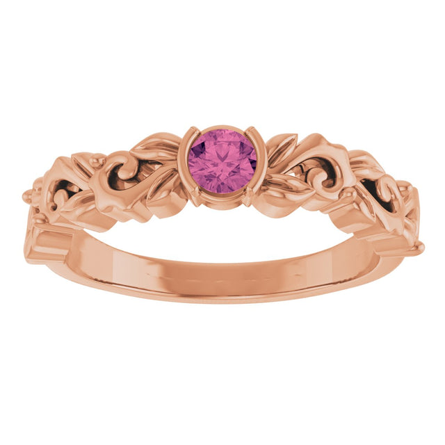 14K Gold Round Natural Pink Tourmaline Half Bezel Floral Ring - Rose Gold - view 3