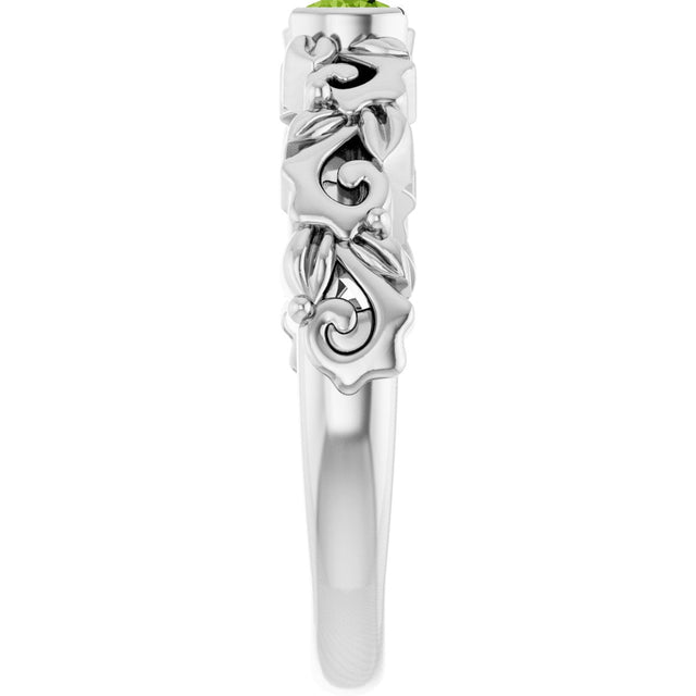 Platinum Round Natural Peridot Half Bezel Floral Ring - view 2