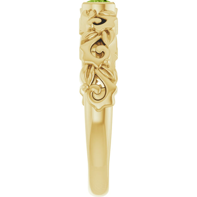 14K Gold Round Natural Peridot Half Bezel Floral Ring - Yellow Gold - view 2