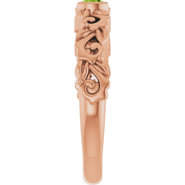14K Gold Round Natural Peridot Half Bezel Floral Ring - Rose Gold - view 2