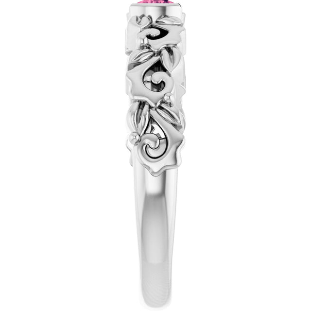 14K Gold Round Natural Pink Tourmaline Half Bezel Floral Ring - White Gold - view 4