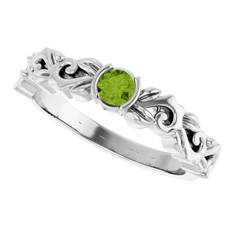 Platinum Round Natural Peridot Half Bezel Floral Ring
