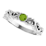 14K Gold Round Natural Peridot Half Bezel Floral Ring - White Gold