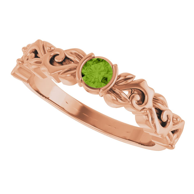 14K Gold Round Natural Peridot Half Bezel Floral Ring - Rose Gold