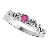 Platinum Round Natural Pink Tourmaline Half Bezel Floral Ring - view 5