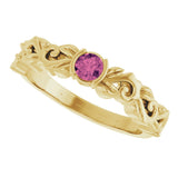 14K Gold Round Natural Pink Tourmaline Half Bezel Floral Ring - Yellow Gold - view 5