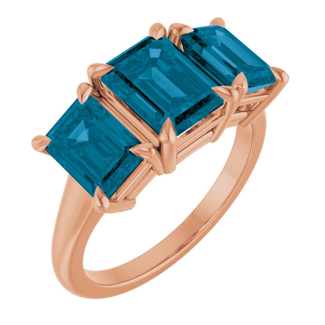 14K Gold Emerald Natural London Blue Topaz Claw-Prong Three-Stone Ring - Rose Gold