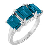 14K Gold Emerald Natural London Blue Topaz Claw-Prong Three-Stone Ring - White Gold