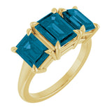 14K Gold Emerald Natural London Blue Topaz Claw-Prong Three-Stone Ring - Yellow Gold