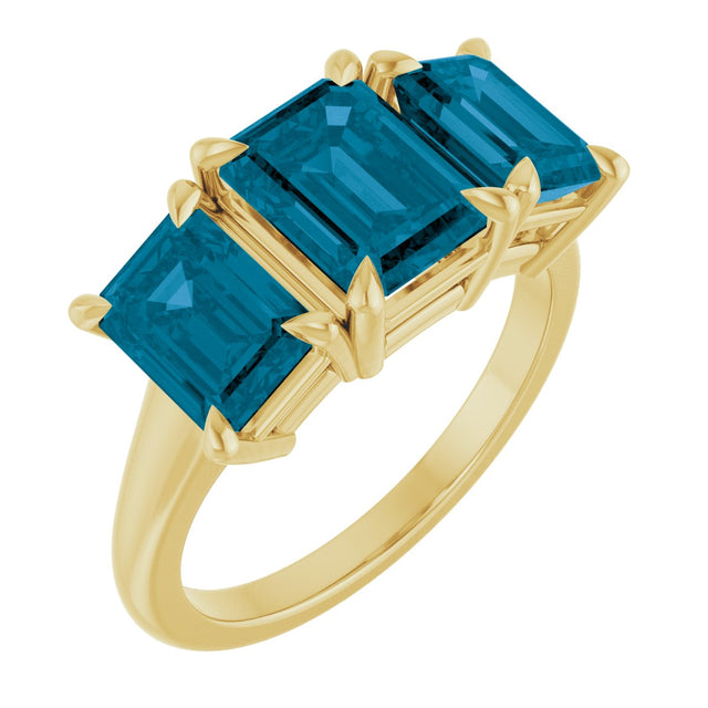 14K Gold Emerald Natural London Blue Topaz Claw-Prong Three-Stone Ring - Yellow Gold