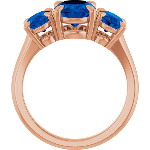 14K Gold Oval Lab-Grown Blue Sapphire Claw-Prong Three-Stone Ring - Rose Gold - view 2