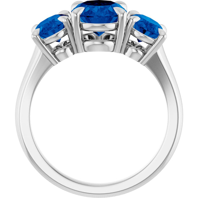Platinum Oval Lab-Grown Blue Sapphire Claw-Prong Three-Stone Ring - view 2