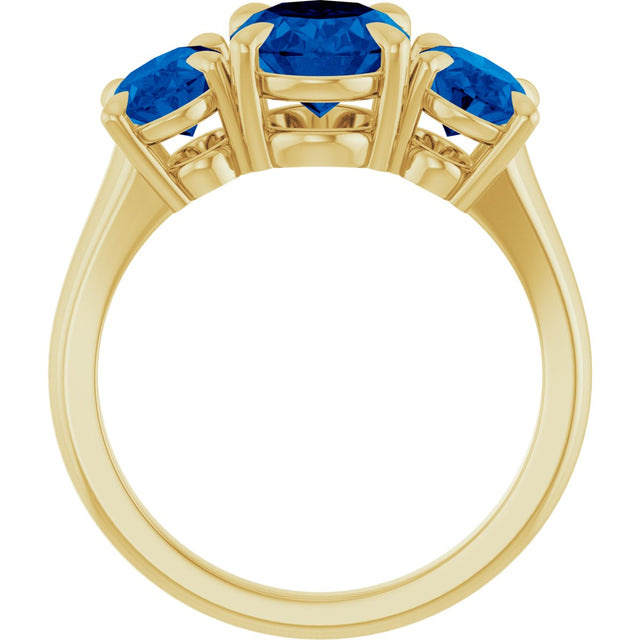 14K Gold Oval Lab-Grown Blue Sapphire Claw-Prong Three-Stone Ring - Yellow Gold - view 2