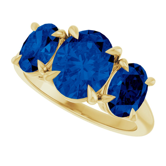 14K Gold Oval Lab-Grown Blue Sapphire Claw-Prong Three-Stone Ring - Yellow Gold - view 5