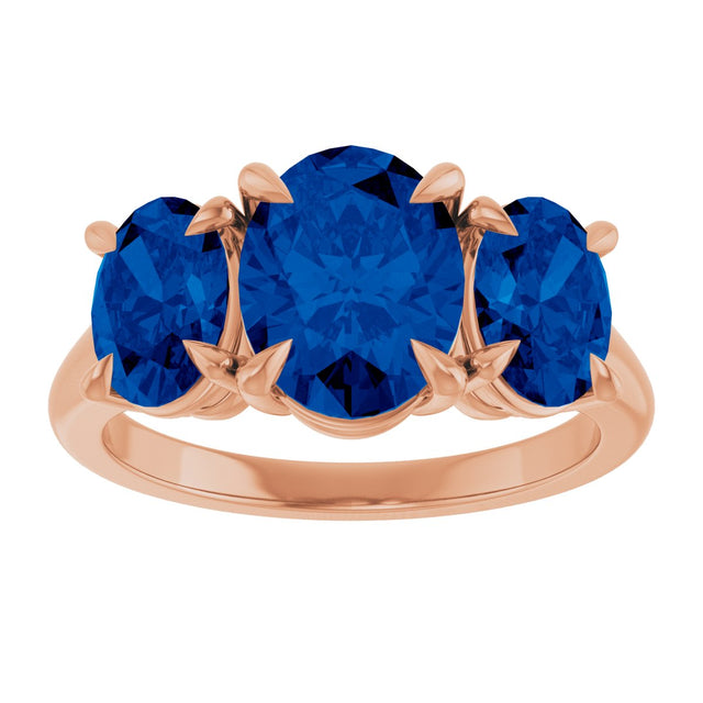 14K Gold Oval Lab-Grown Blue Sapphire Claw-Prong Three-Stone Ring - Rose Gold - view 3