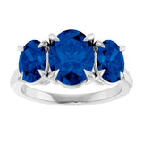 Platinum Oval Lab-Grown Blue Sapphire Claw-Prong Three-Stone Ring - view 3