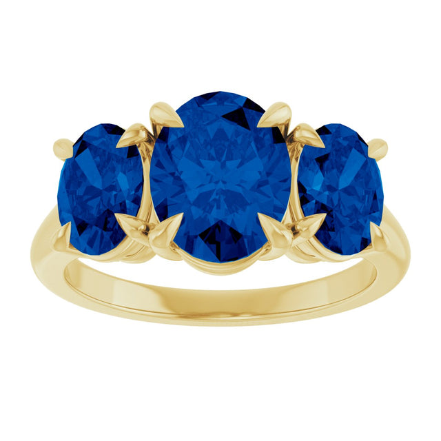 14K Gold Oval Lab-Grown Blue Sapphire Claw-Prong Three-Stone Ring - Yellow Gold - view 3