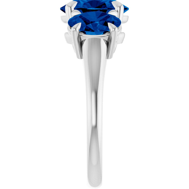 14K Gold Oval Lab-Grown Blue Sapphire Claw-Prong Three-Stone Ring - White Gold - view 4