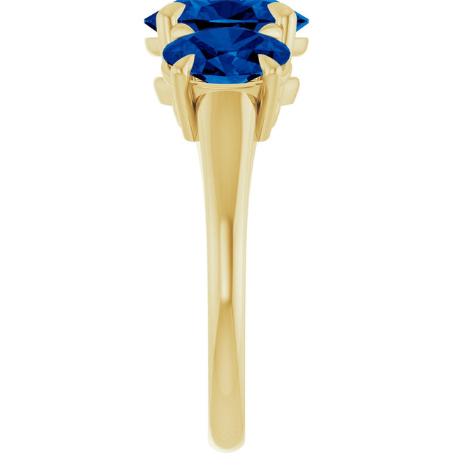 14K Gold Oval Lab-Grown Blue Sapphire Claw-Prong Three-Stone Ring - Yellow Gold - view 4