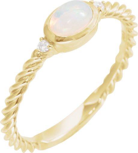 14K Gold Oval Natural White Opal & Natural Diamond Accented Cabochon Ring – 6-9mm Stones - Yellow Gold