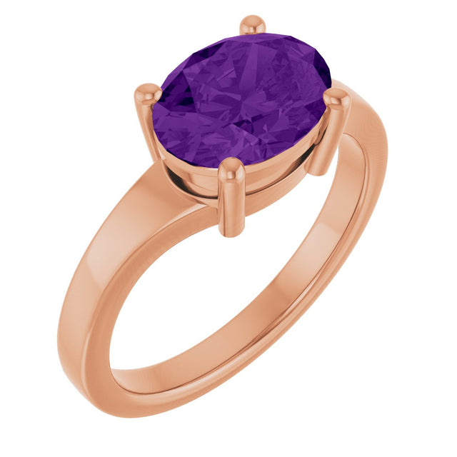 14K Gold Oval Natural Amethyst Solitaire Ring – 9x7mm - Rose Gold