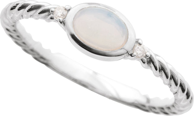 Platinum Oval Natural White Opal & Natural Diamond Accented Cabochon Ring – 6-9mm Stones - view 4