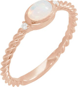 14K Gold Oval Natural White Opal & Natural Diamond Accented Cabochon Ring – 6-9mm Stones - Rose Gold