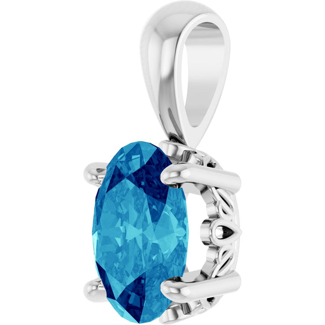 14K Gold Natural Blue Zircon Oval 4-Prong Solitaire Necklace or Pendant - White Gold - view 2