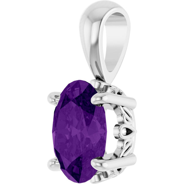 14K Gold Natural Amethyst Oval 4-Prong Solitaire Necklace or Pendant - White Gold - view 2